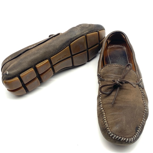 PRADA MENS BROWN GREY SUEDE LEATHER BOW DRIVING LOAFER CASUAL WALKING SHOES 6.5 - Picture 6 of 7